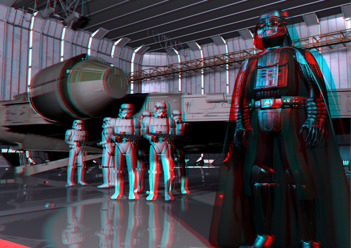 Sci Fi 3D Anaglyph Image of Darth Vader Storm Troopers and The Millenium Falcon